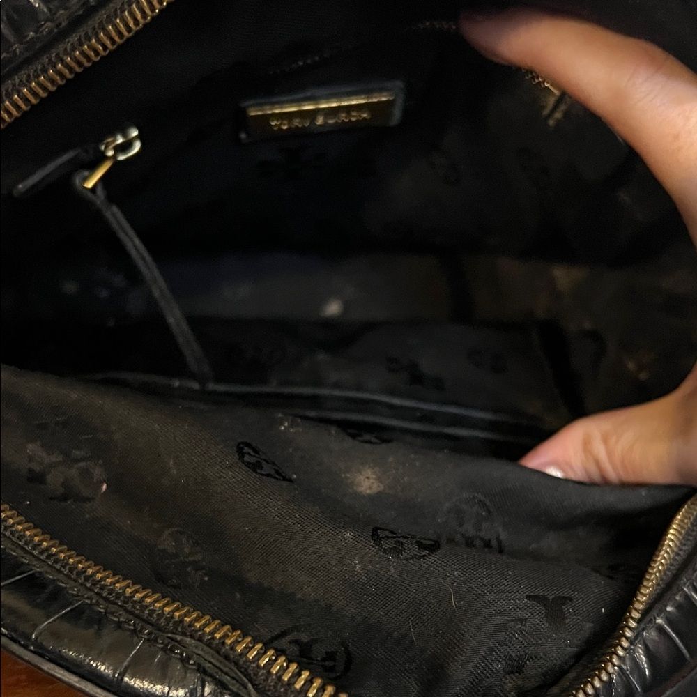 Tory Burch Croc Embossed Black Leather Mini Backpack Purse Gold Logo Casual Luxe - Picture 15 of 16